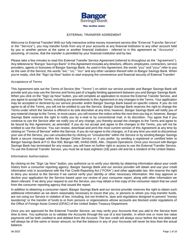 External Transfer Agreement screenshot