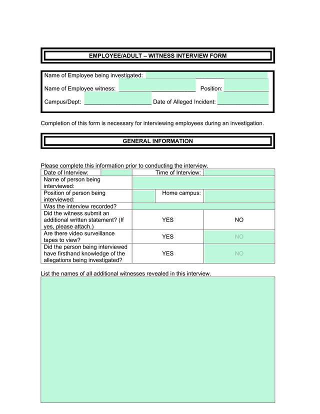 EmployeeAdult   Witness Interview Form screenshot