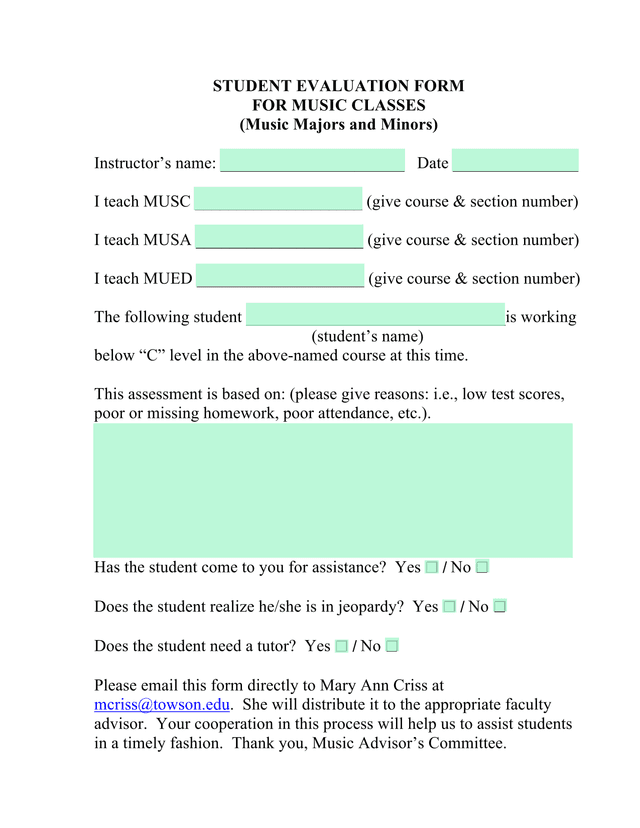 Student Evaluation Form For Music Classes screenshot