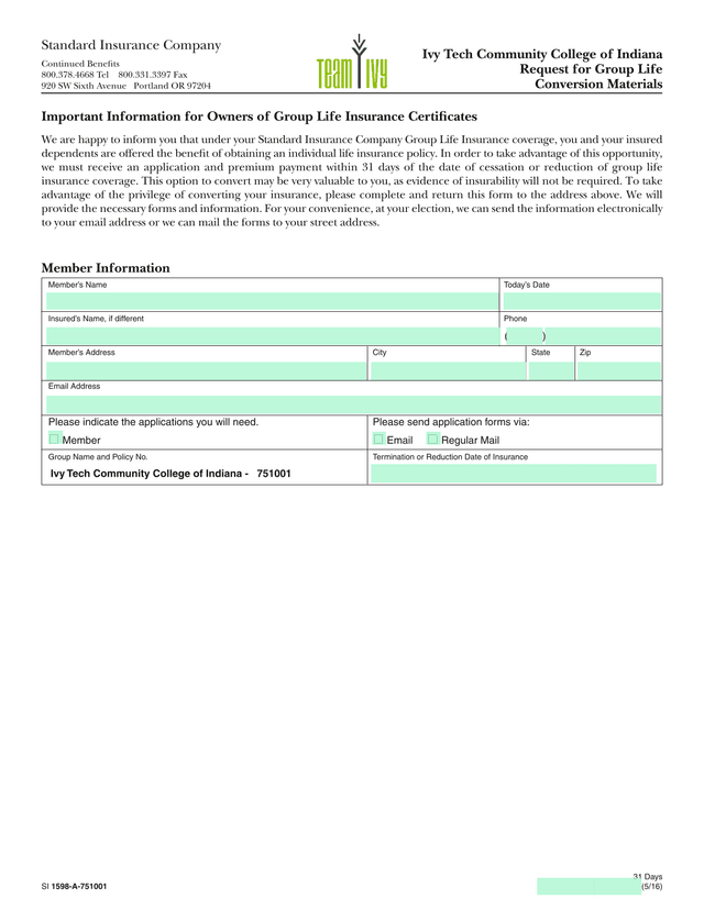 Request For Group Life Conversion Materials screenshot