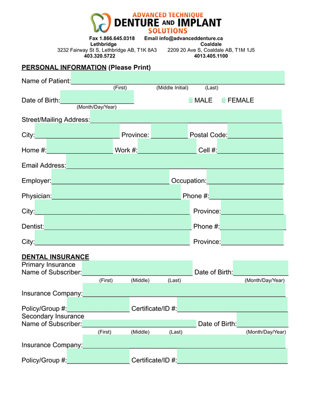 Dental Patient Information Form screenshot