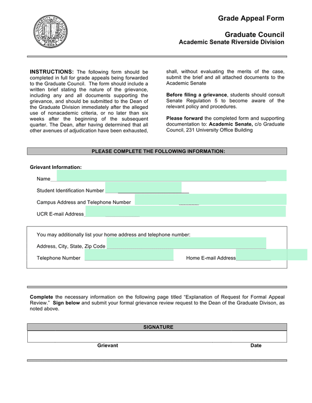 Grade Appeal Form screenshot