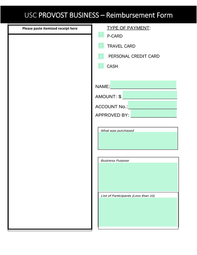 USC Provost Business  Reimbursement Form screenshot