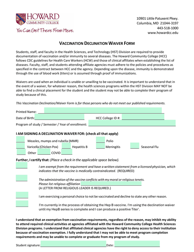 VACCINATION DECLINATION WAIVER FORM screenshot