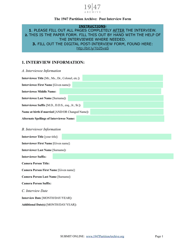 The 1947 Partition Archive Post Interview Form screenshot