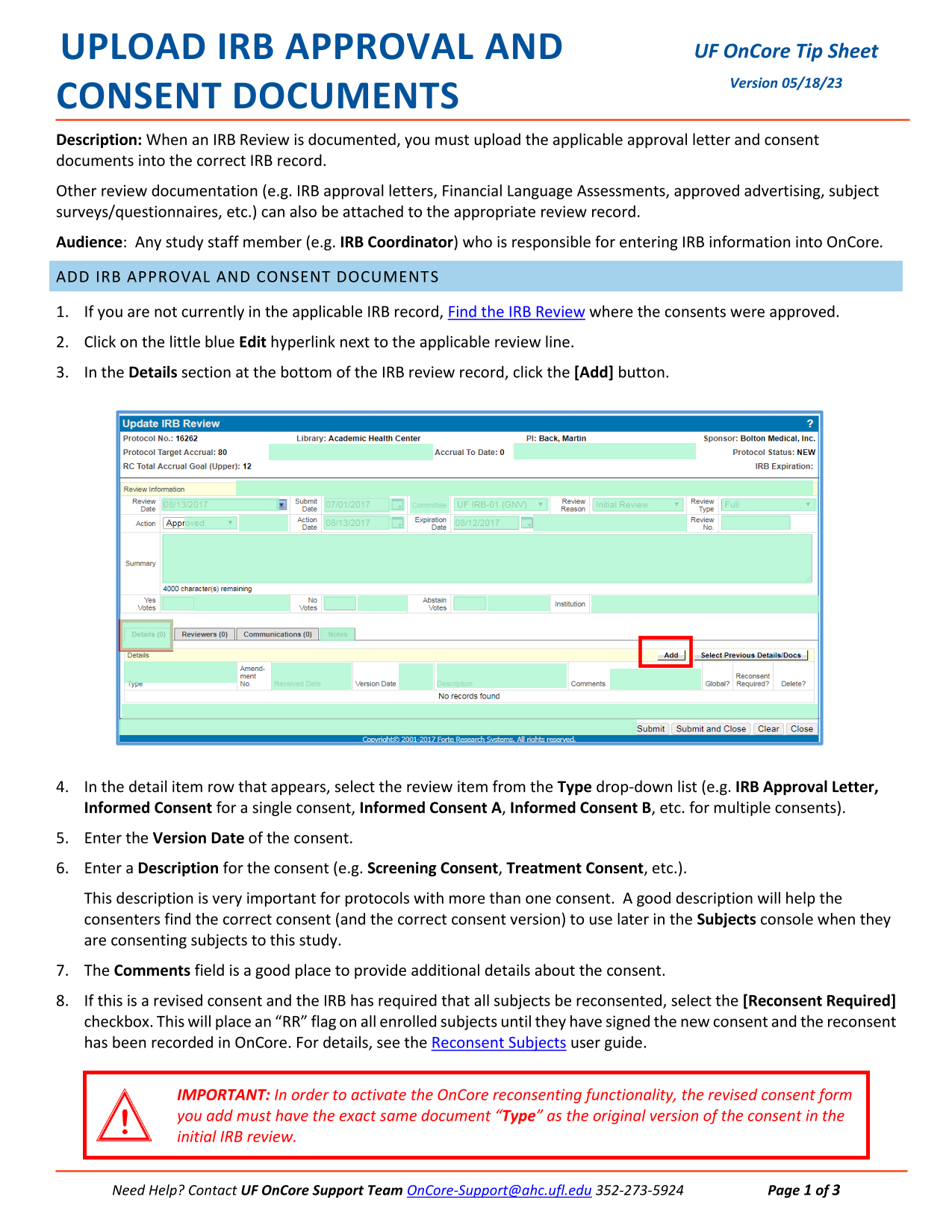 UF OnCore Tip Sheet Upload IRB Approval And Consent Documents screenshot