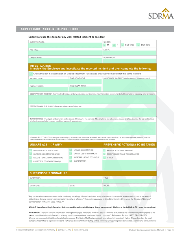Supervisor Incident Report Form screenshot