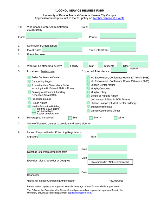 Alcohol Service Request Form screenshot