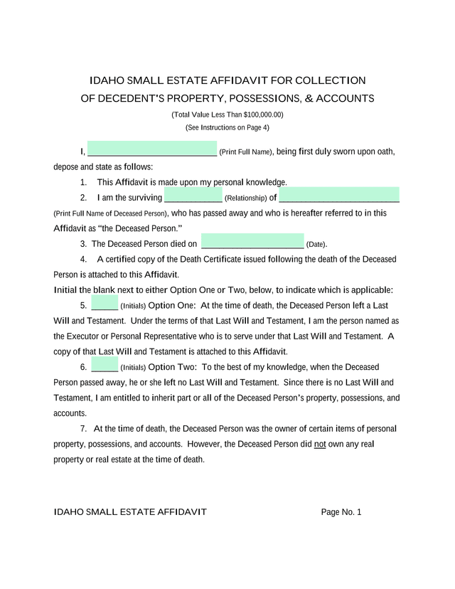 Idaho Small Estate Affidavit screenshot