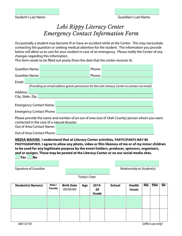 Lehi Rippy Literacy Center Emergency Contact Information Form screenshot