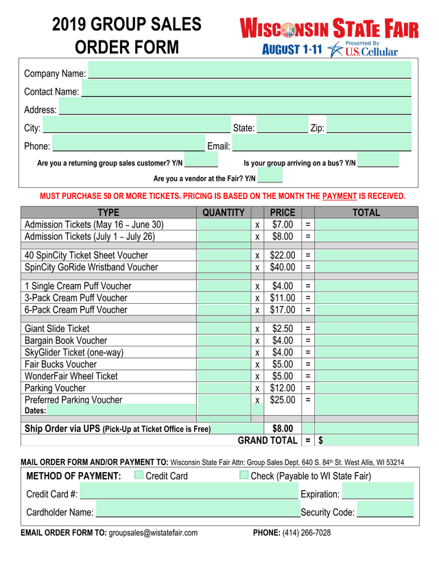 2019 Group Sales Order Form screenshot