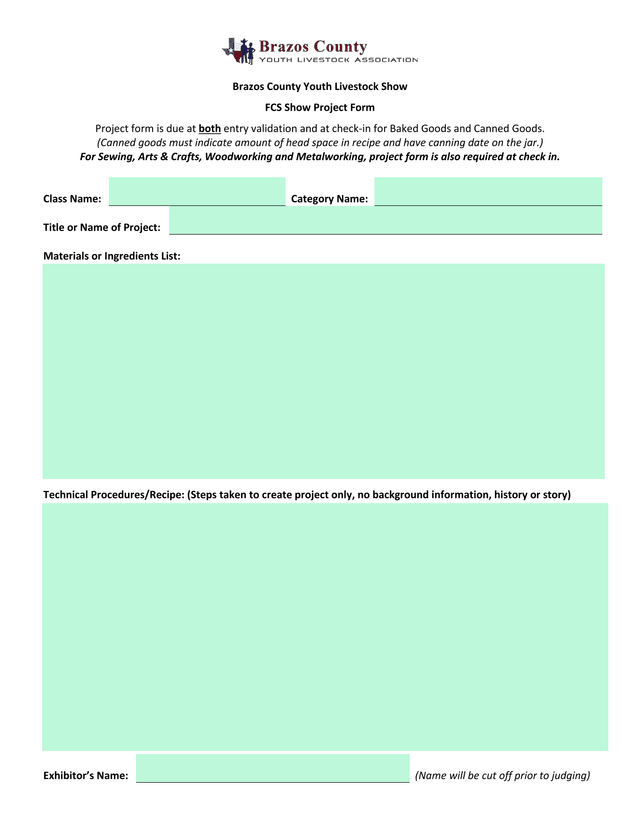 Brazos County Youth Livestock Show FCS Show Project Form screenshot