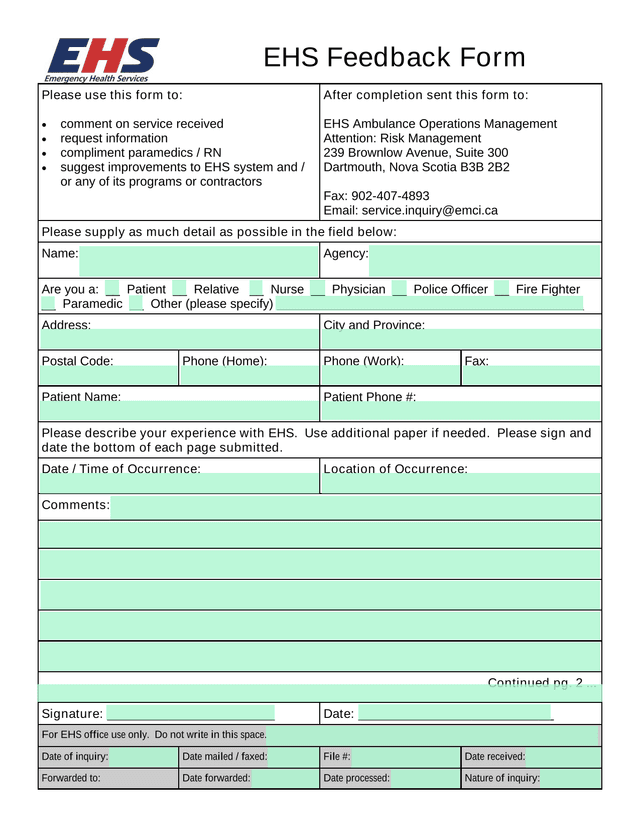 EHS Feedback Form screenshot