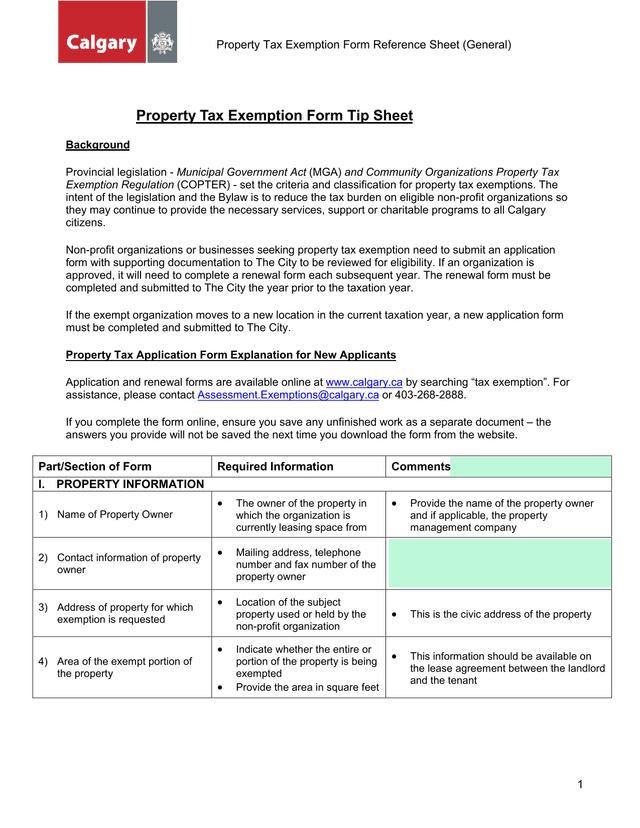 Property Tax Exemption Form Reference Sheet (General) screenshot