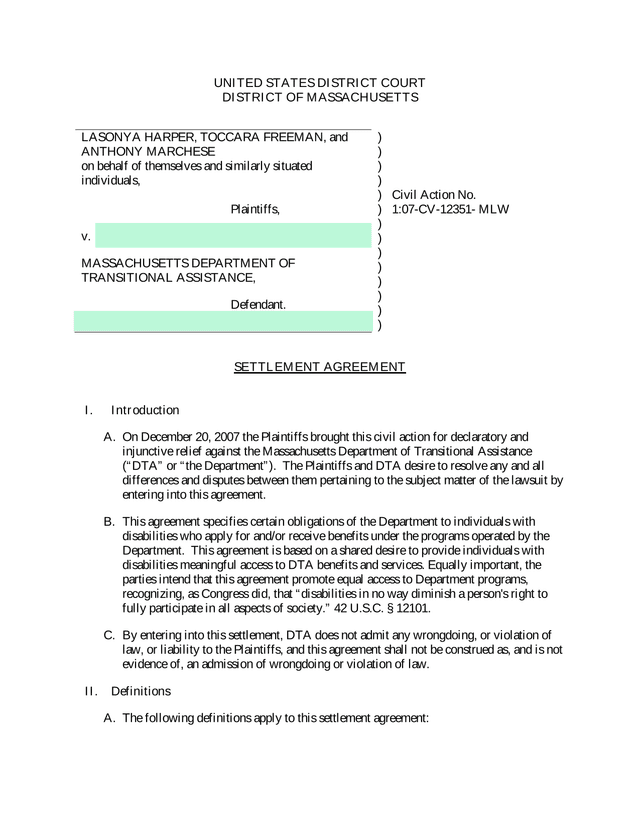 Settlement Agreement   Harper Et Al. V. Massachusetts Department Of Transitional Assistance screenshot