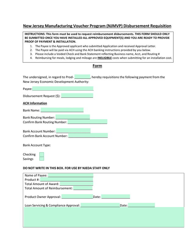 New Jersey Manufacturing Voucher Program (NJMVP) Disbursement Requisition Form screenshot