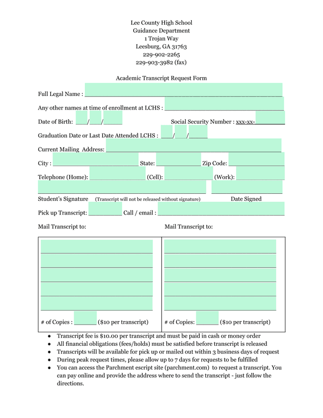 Academic Transcript Request Form screenshot