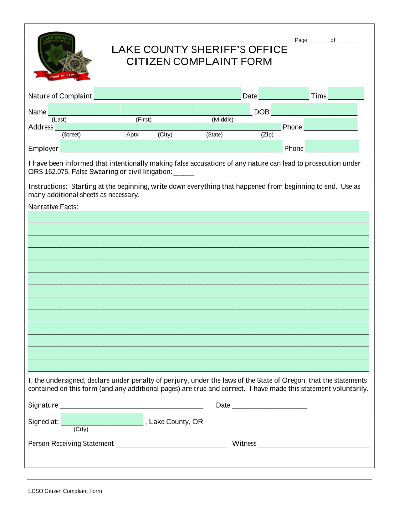 LCSO Citizen Complaint Form screenshot