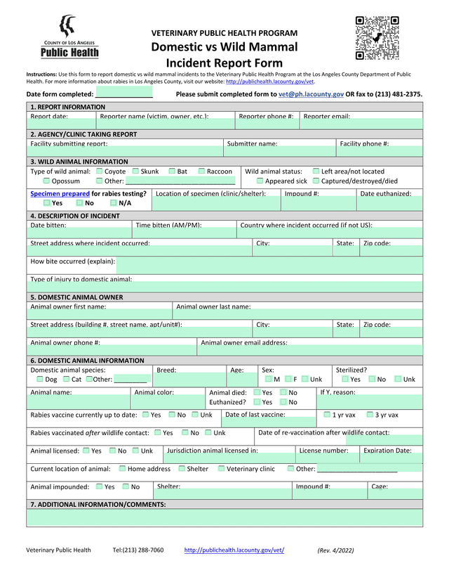 Domestic Vs Wild Mammal Incident Report Form screenshot
