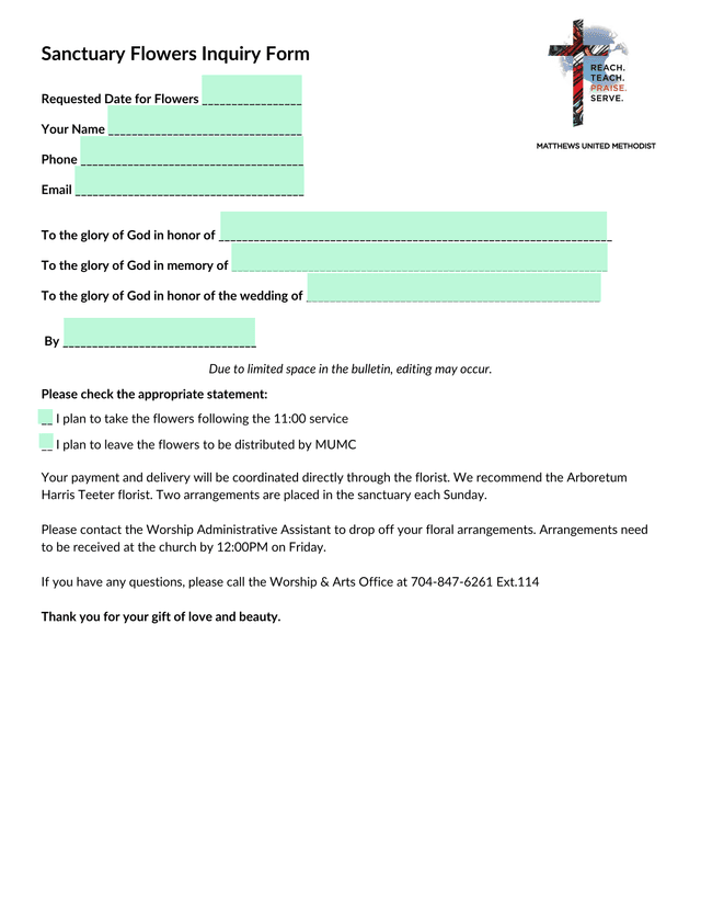 Sanctuary Flowers Inquiry Form screenshot
