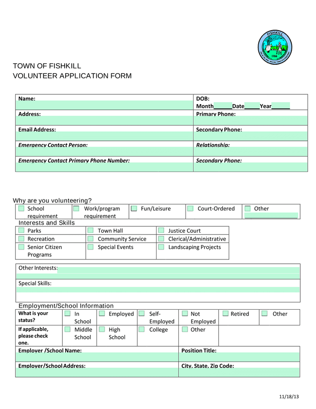 TOWN OF FISHKILL VOLUNTEER APPLICATION FORM screenshot