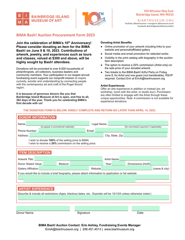 BIMA Bash Auction Procurement Form 2023 screenshot