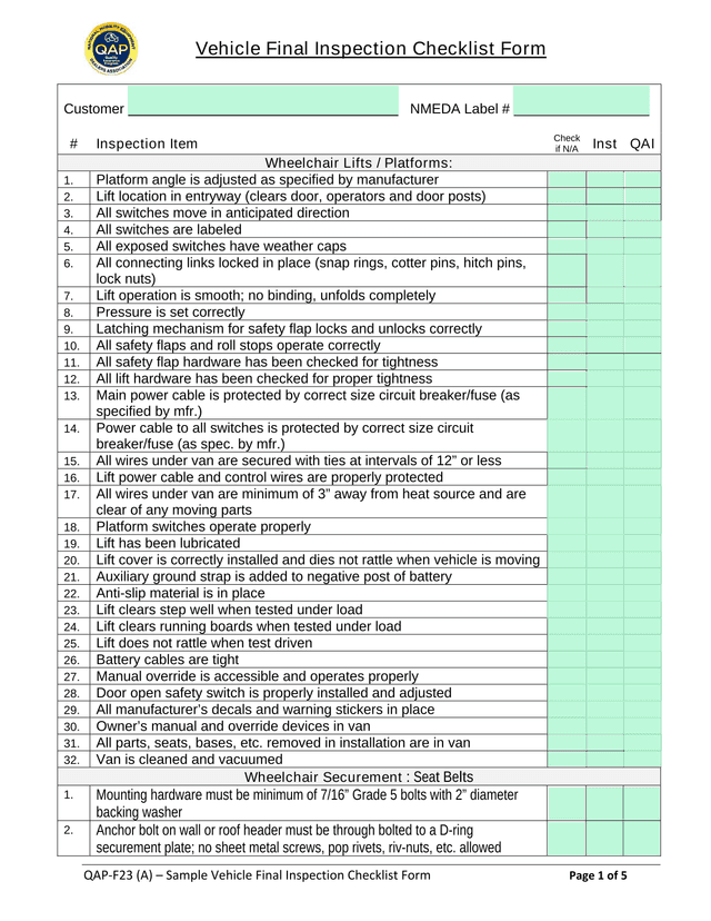 Vehicle Final Inspection Checklist Form screenshot