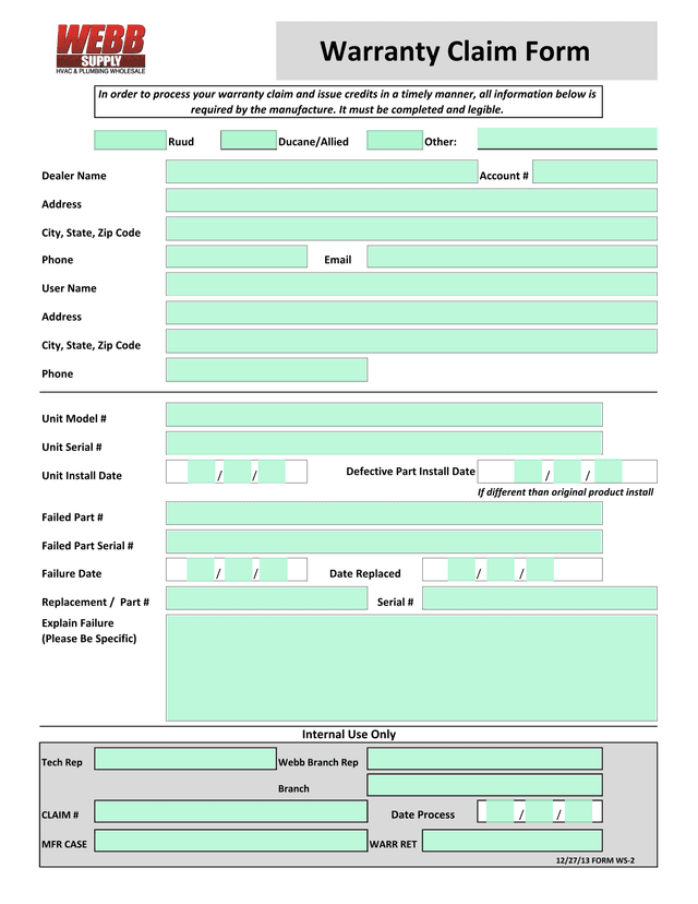 Warranty Claim Form screenshot