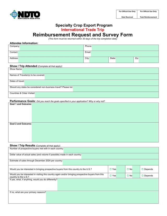 Specialty Crop Export Program International Trade Trip Reimbursement Request And Survey Form screenshot