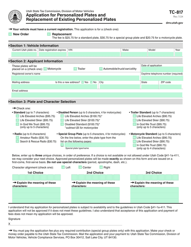 Utah Vehicle Registration Plate Application screenshot
