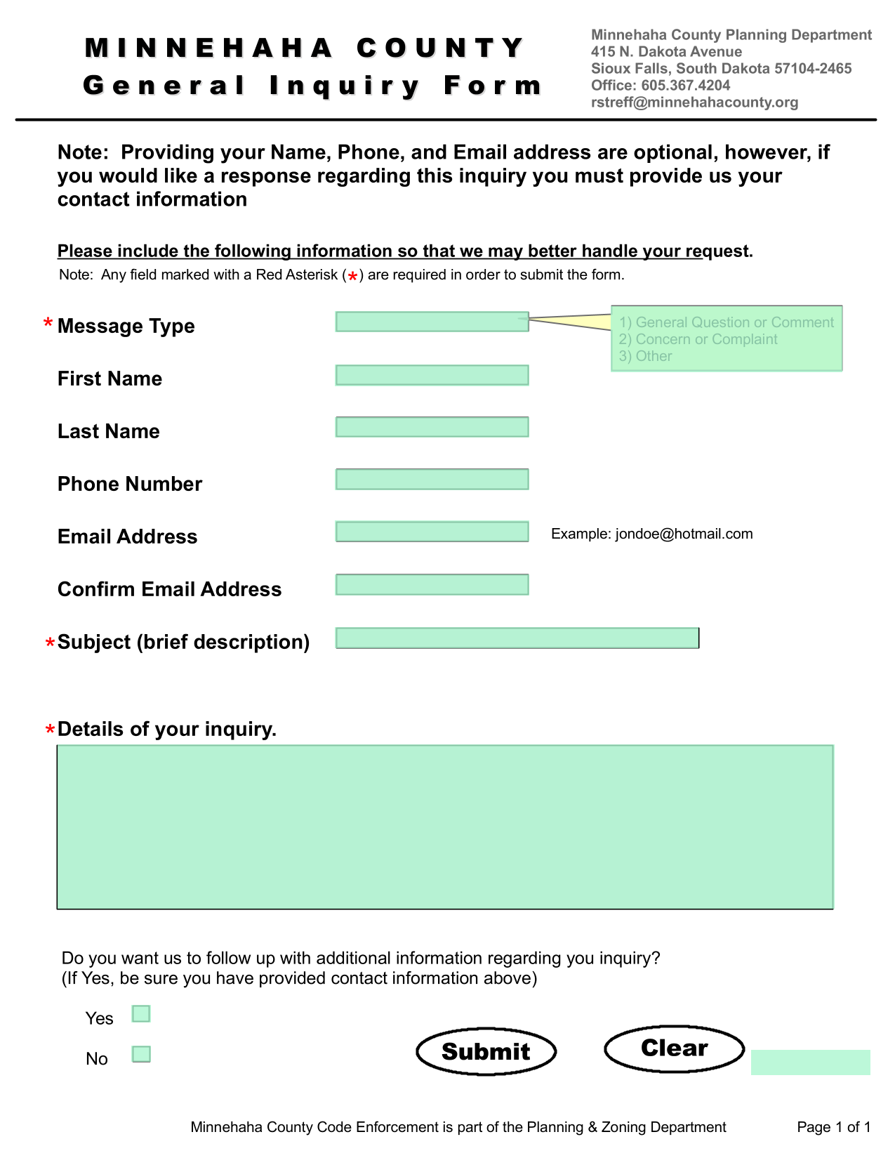 Minnehaha County General Inquiry Form screenshot