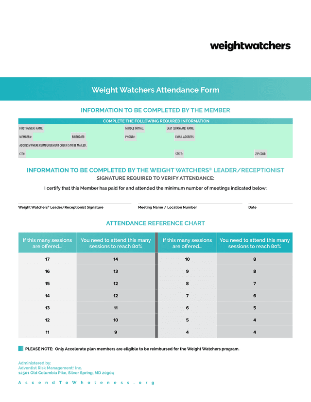 Weight Watchers Attendance Form screenshot