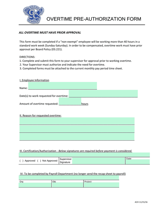 OVERTIME PRE AUTHORIZATION FORM screenshot