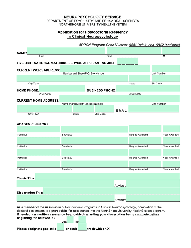 Application For Postdoctoral Residency In Clinical Neuropsychology screenshot