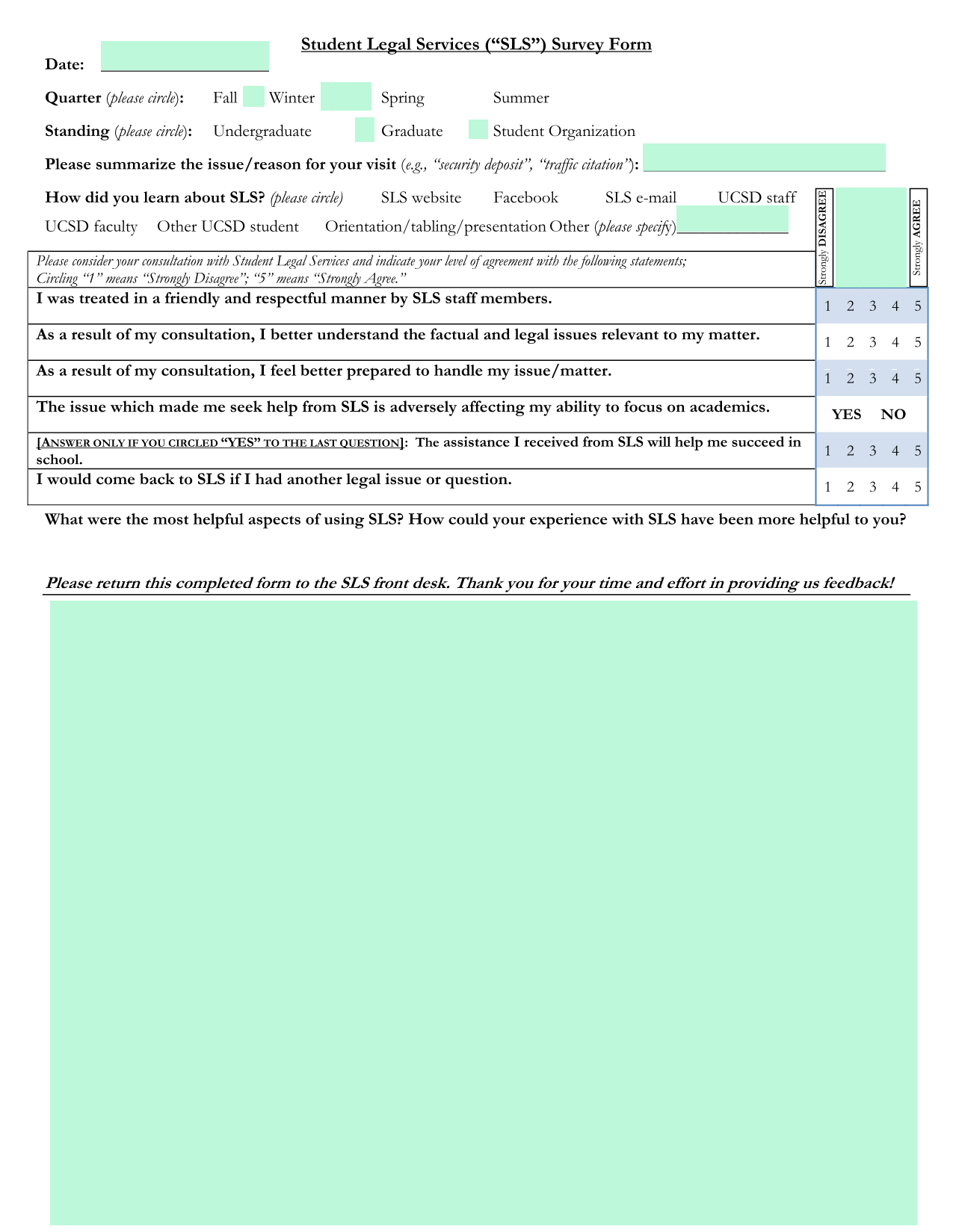 Student Legal Services (SLS) Survey Form screenshot