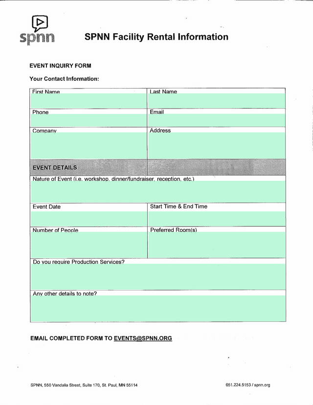 SPNN Facility Rental Information Event Inquiry Form screenshot