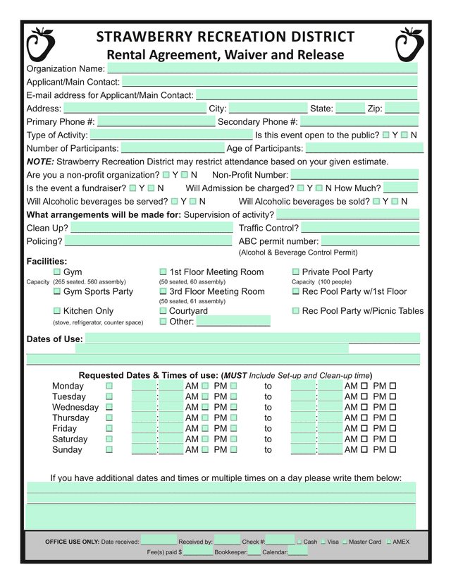 Strawberry Recreation District Rental Agreement, Waiver And Release screenshot