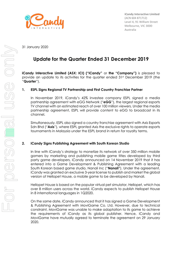 Update For The Quarter Ended 31 December 2019 screenshot