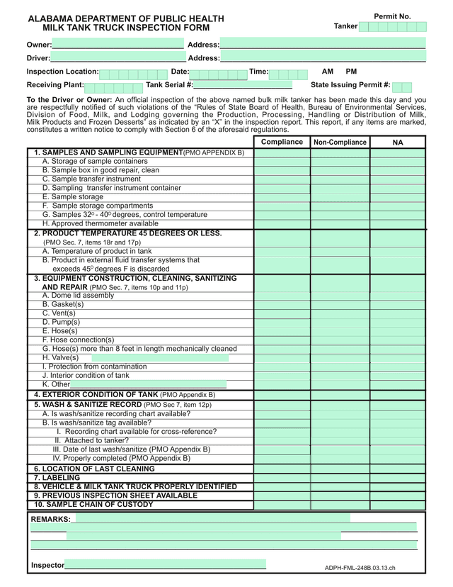 MILK TANK TRUCK INSPECTION FORM screenshot