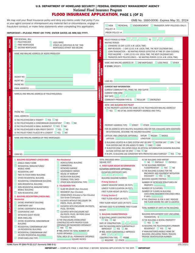 Flood Insurance Application (FEMA Form FF 206 FY 21 117) screenshot