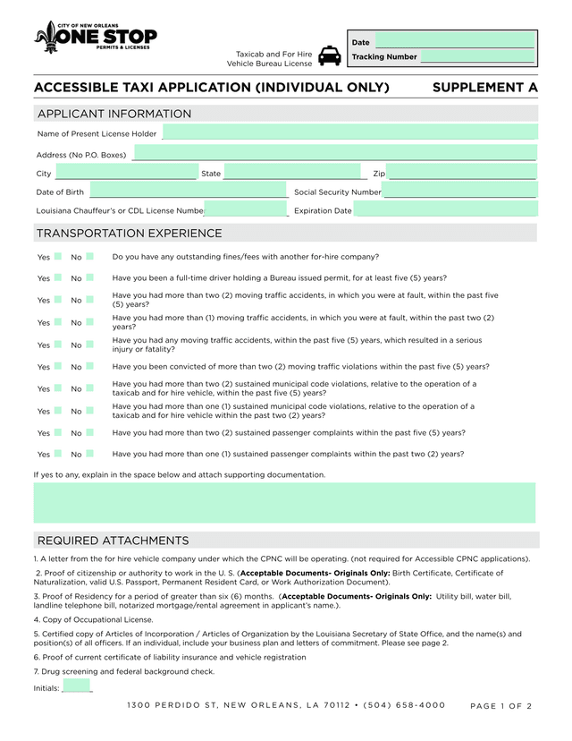 Accessible Taxi Application (Individual Only) Supplement A screenshot