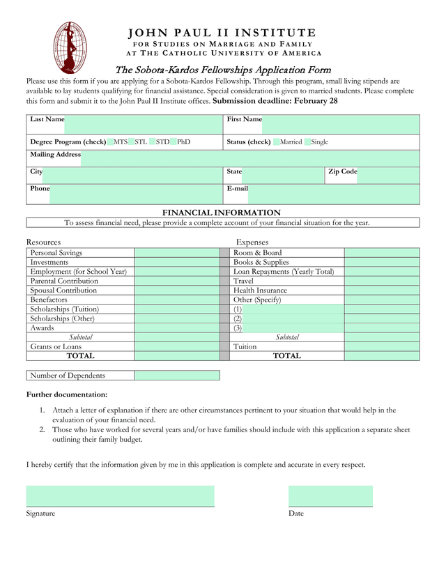 The Sobota Kardos Fellowships Application Form screenshot