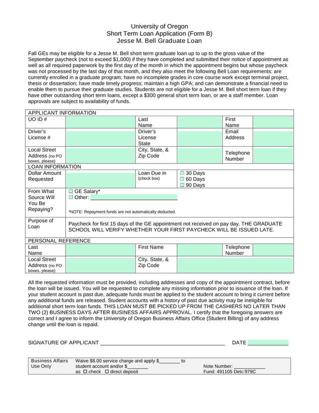 Jesse M. Bell Graduate Loan Application (Form B) screenshot