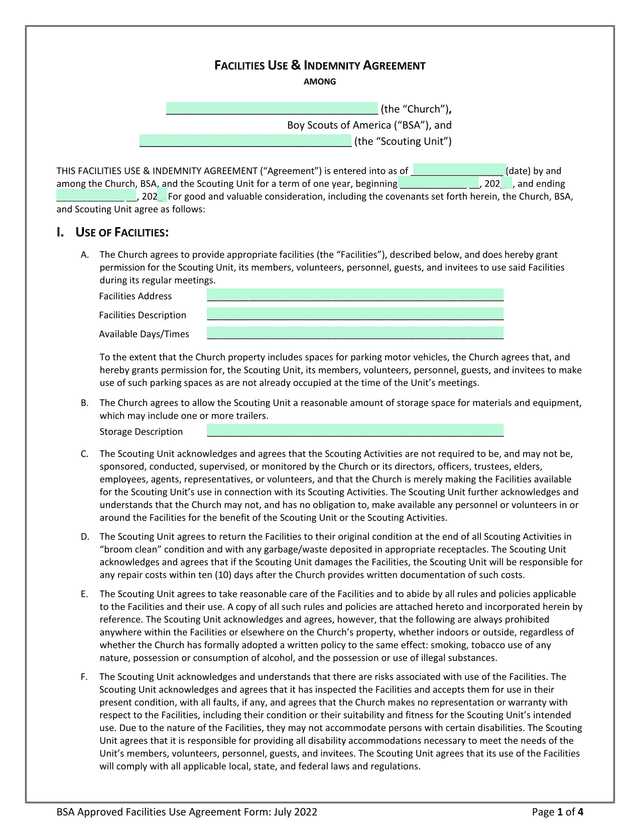 BSA Approved Facilities Use Agreement Form screenshot