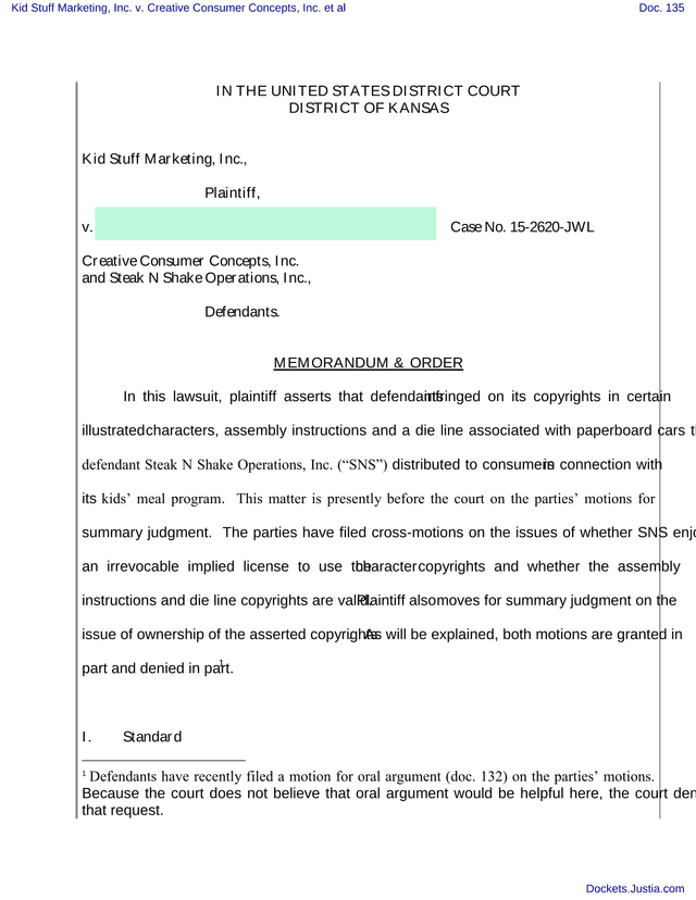 Memorandum  Order   Kid Stuff Marketing, Inc. V. Creative Consumer Concepts, Inc. Et Al screenshot