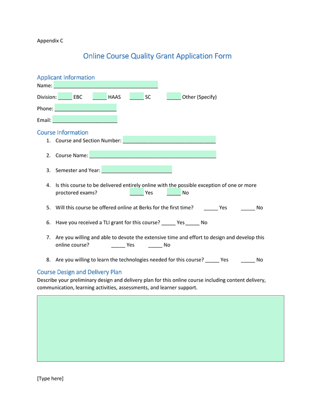 Online Course Quality Grant Application Form screenshot