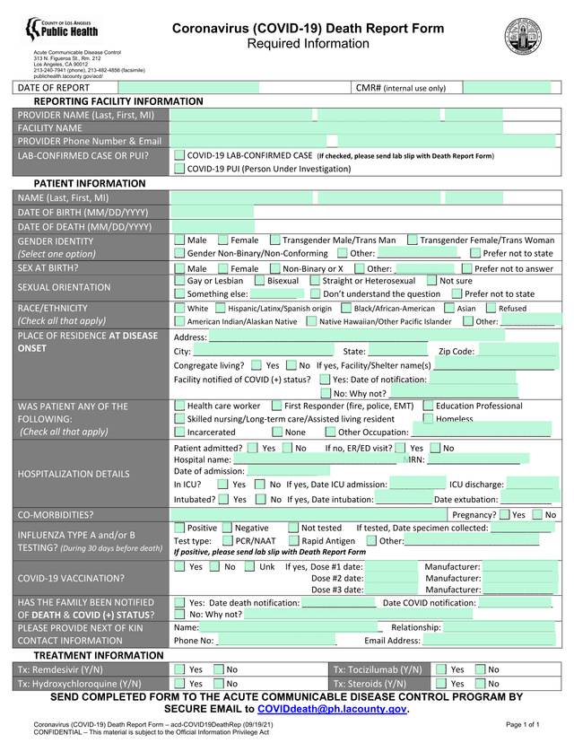 Coronavirus (COVID 19) Death Report Form screenshot