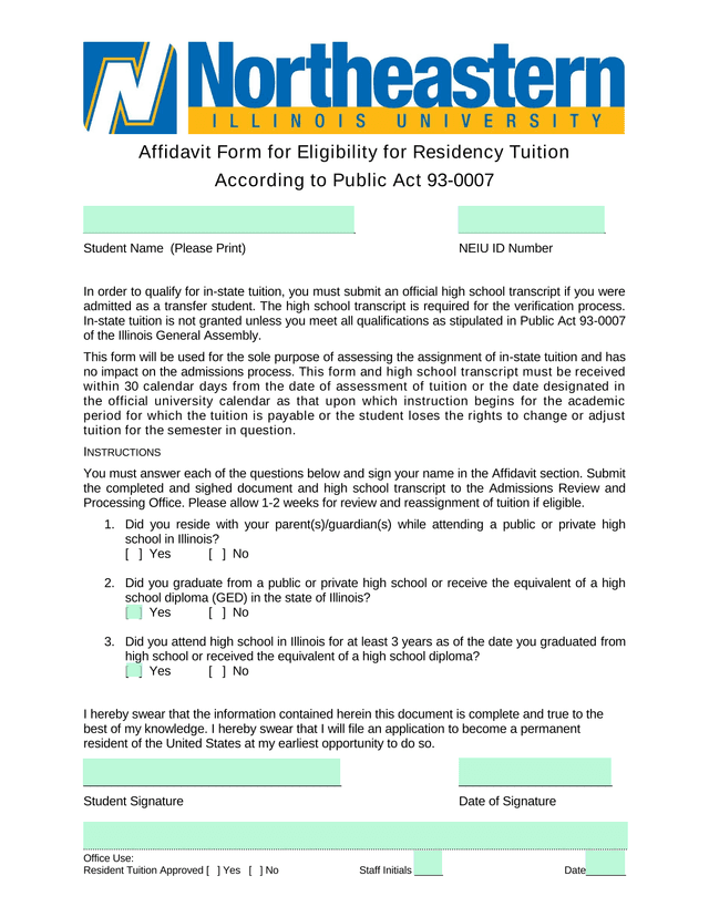 Affidavit Form For Eligibility For Residency Tuition screenshot