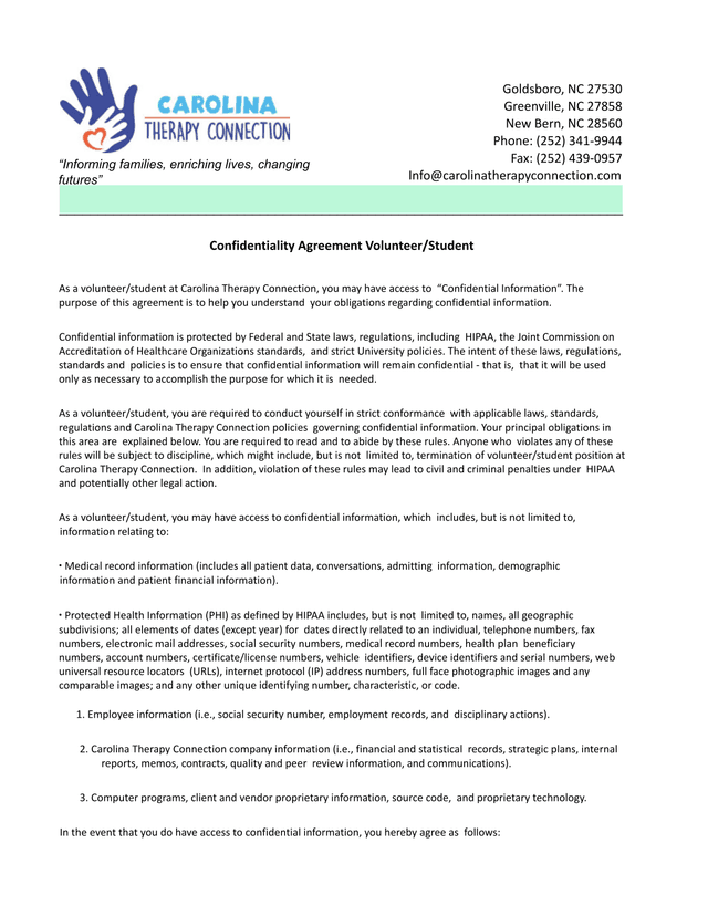 Confidentiality Agreement VolunteerStudent screenshot