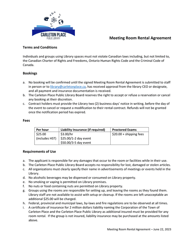 Meeting Room Rental Agreement screenshot
